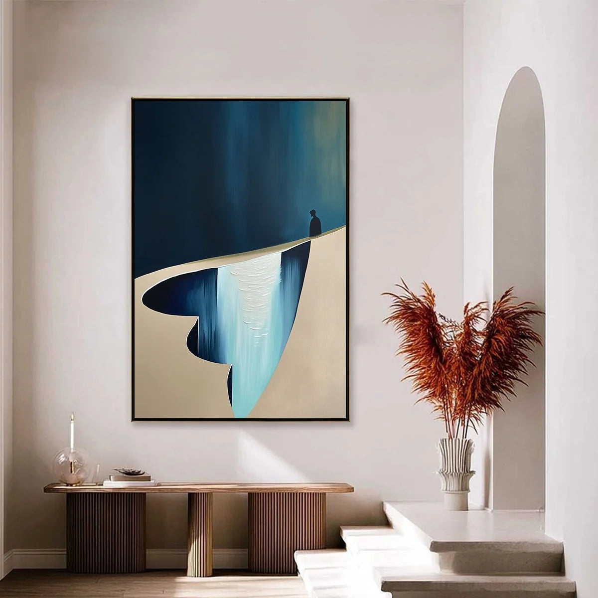 THE VERGE: Minimalist Abstract Painting of a Figure and Chasm | gold frame stretched on neutral wall