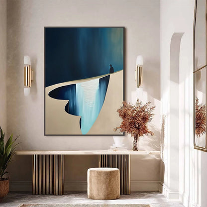 THE VERGE: Minimalist Abstract Painting of a Figure and Chasm | black frame version on white wall