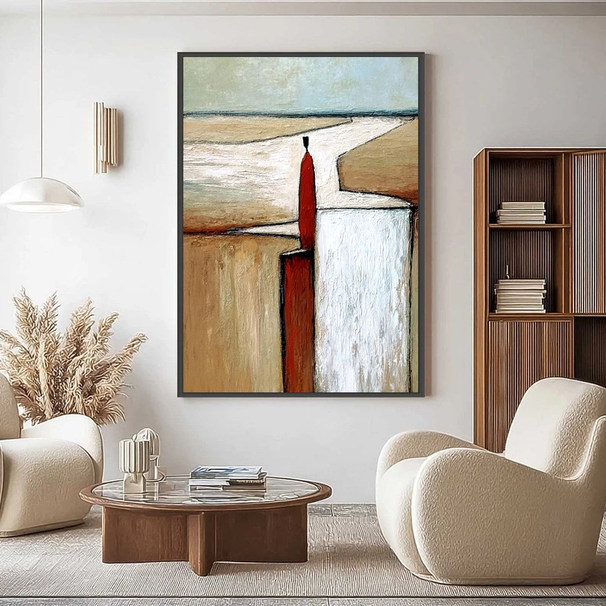 THE VOYAGER: Textured Minimalist Painting of a Solitary Figure | gold frame stretched on neutral wall