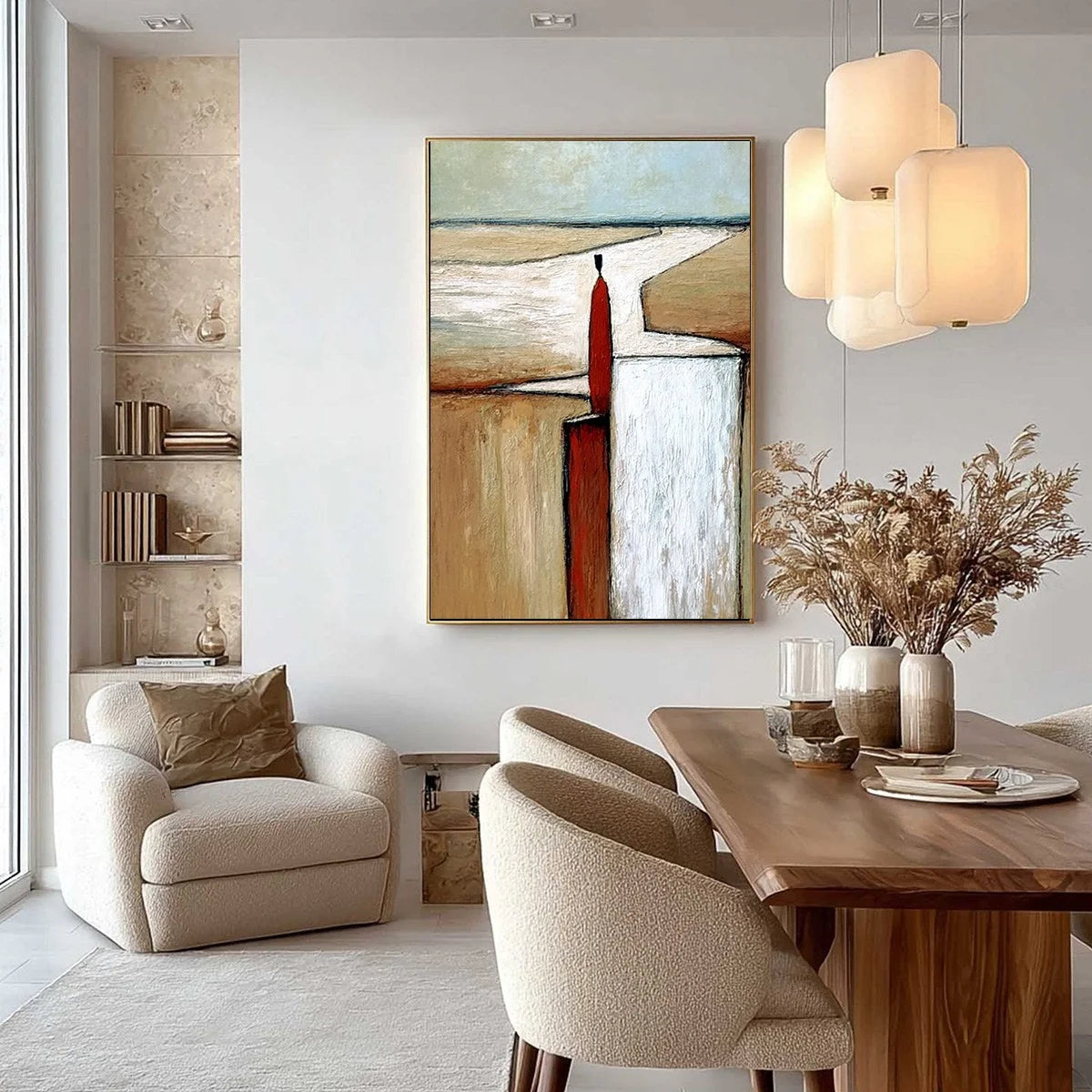 THE VOYAGER: Textured Minimalist Painting of a Solitary Figure | black frame version on white wall