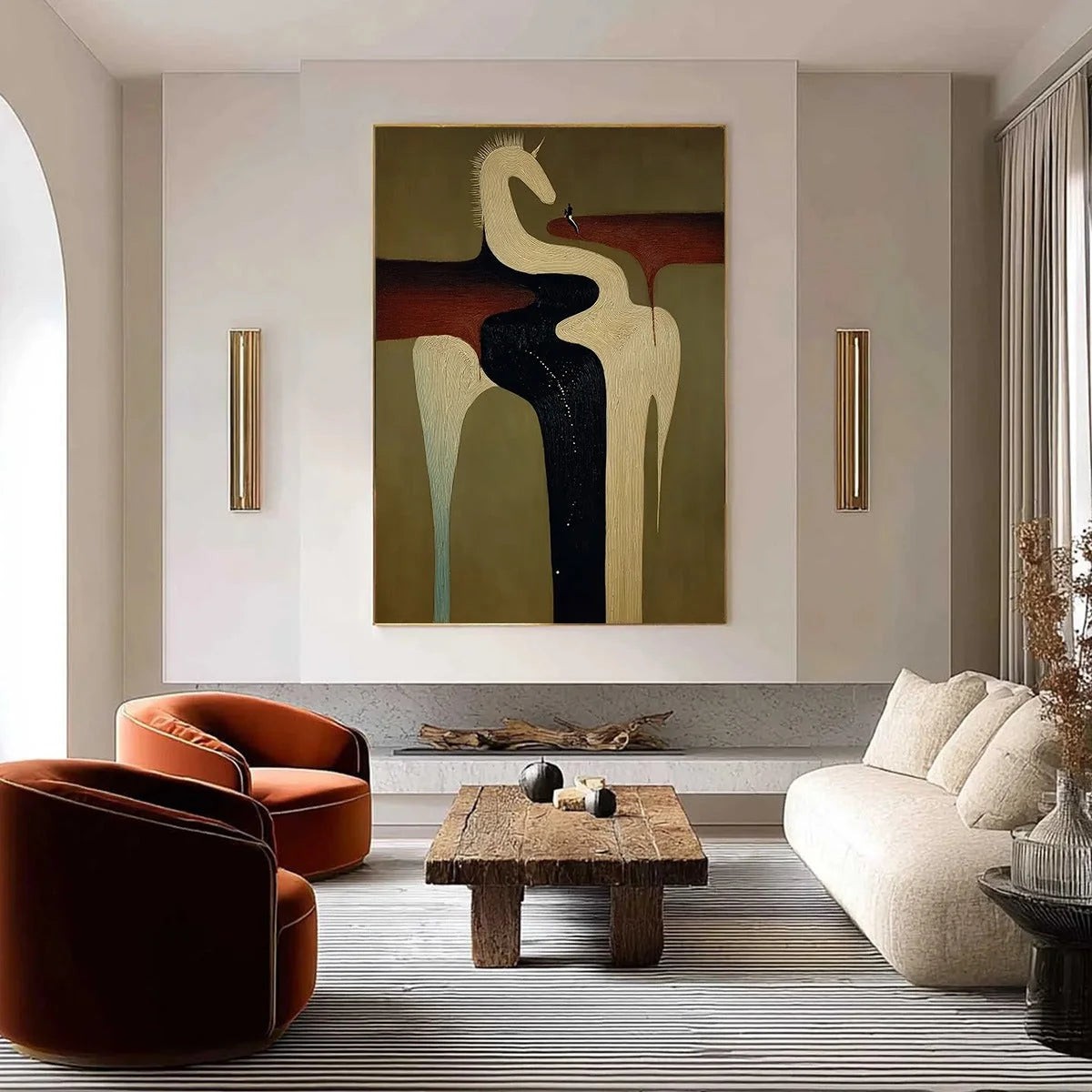 THE VOYAGER'S STEED: Textured Abstract Unicorn Painting for Modern Decor | gold frame stretched on neutral wall