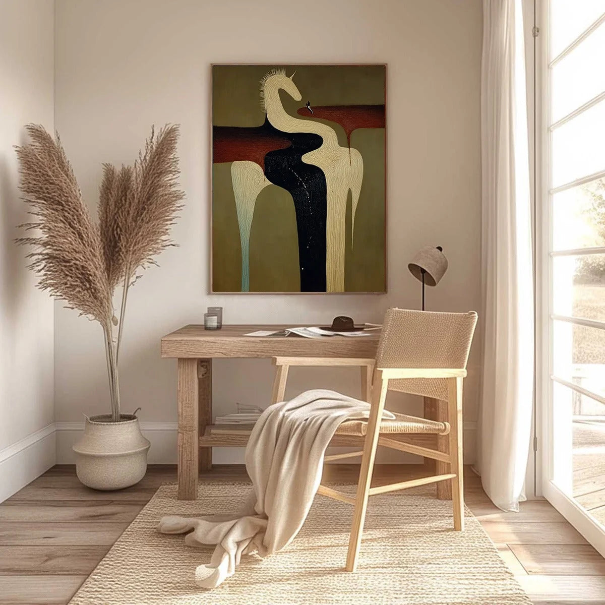 THE VOYAGER'S STEED: Textured Abstract Unicorn Painting for Modern Decor | black frame version on white wall