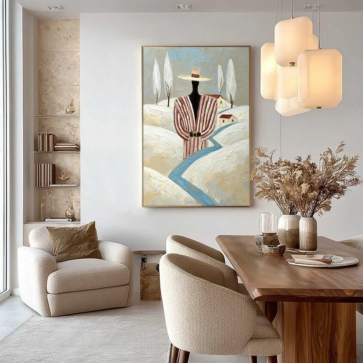 THE WANDERER'S PATH: Textured Figurative Landscape Painting | gold frame stretched on neutral wall