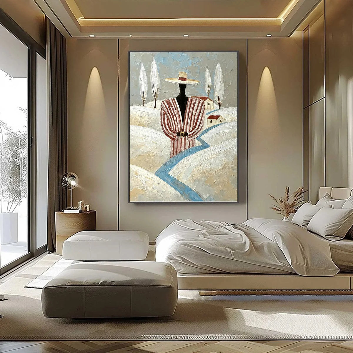 THE WANDERER'S PATH: Textured Figurative Landscape Painting | black frame version on white wall