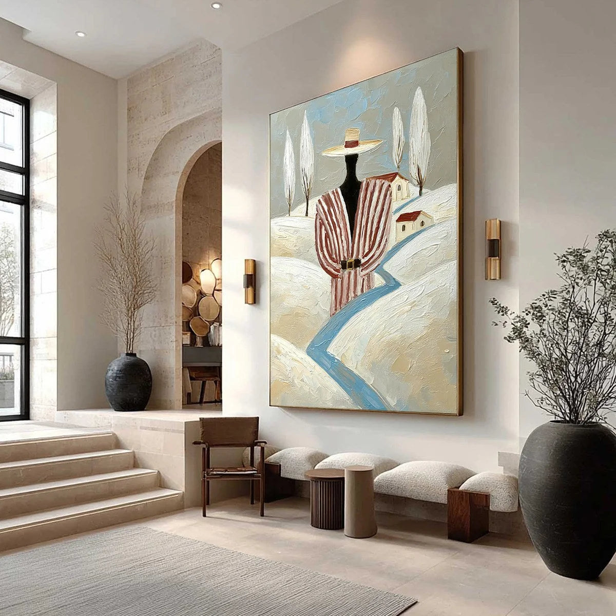 THE WANDERER'S PATH: Textured Figurative Landscape Painting | Landscape mood, soft natural light studio shot