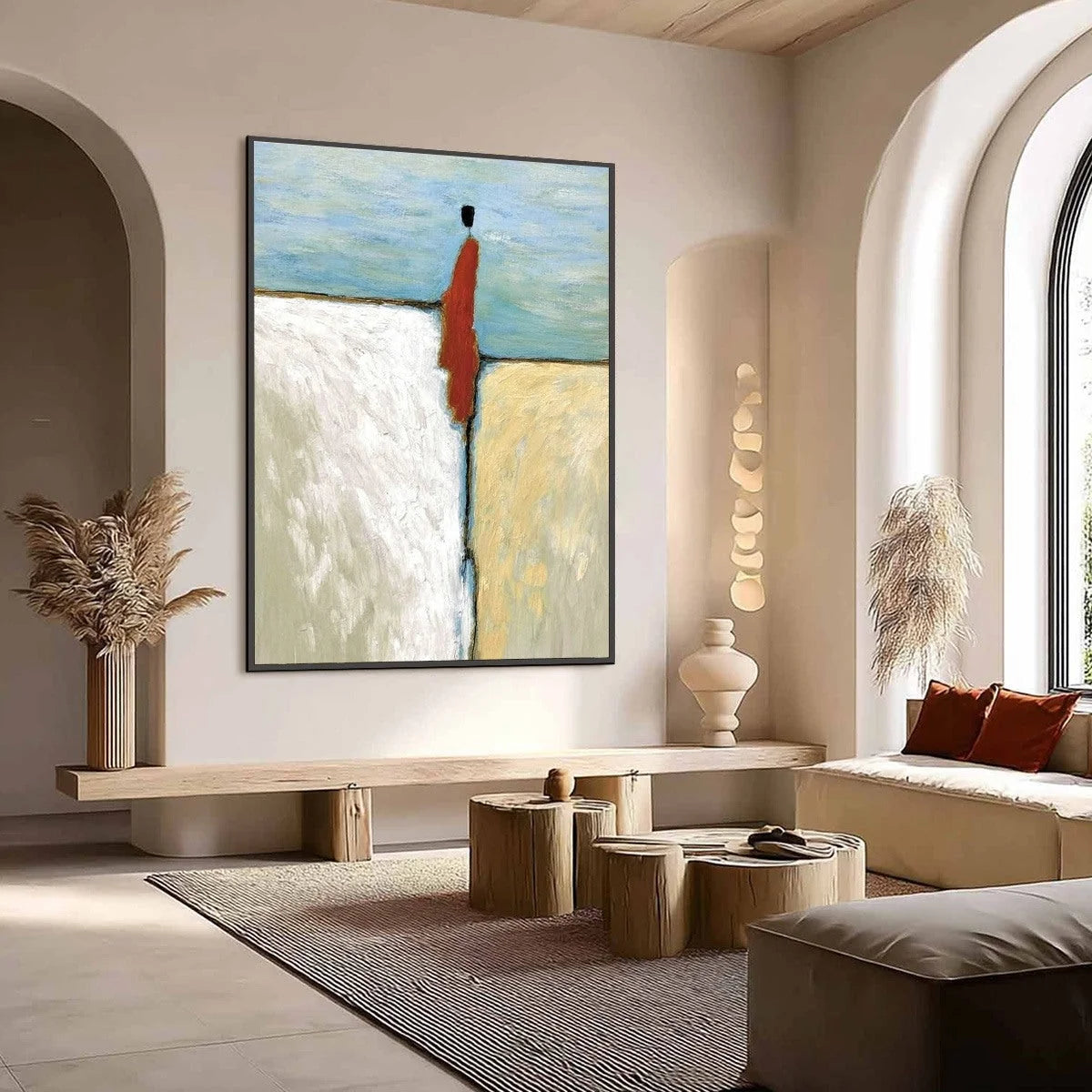 THE WATCHER: Minimalist Figurative Abstract Textured Painting | gold frame stretched on neutral wall