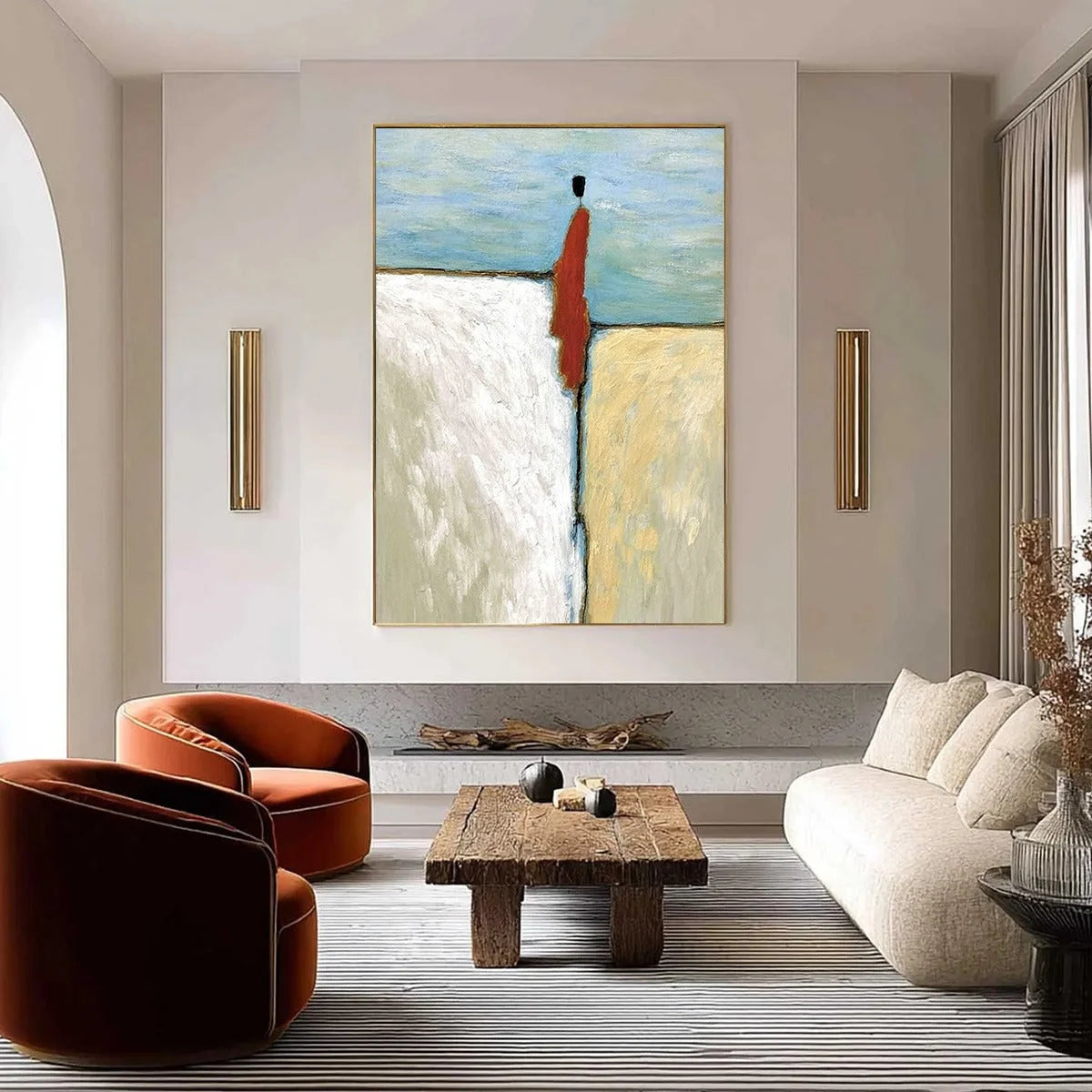 THE WATCHER: Minimalist Figurative Abstract Textured Painting | black frame version on white wall
