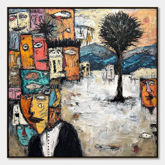THE CROWD WITHIN: Colorful Abstract Figurative Impasto Painting | hanging in living room, Figurative wall art