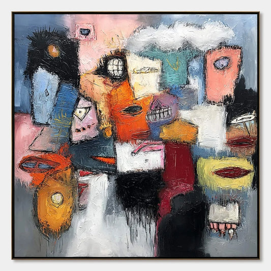 THE GATHERING: Large Colorful Square Abstract Impasto Wall Art | hanging in living room, Figurative wall art