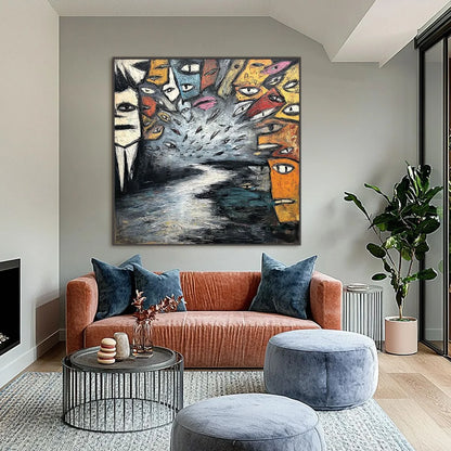 THE GATHERING: Large Square Abstract Figurative Impasto Painting | Figurative closeup, raised brushwork detail
