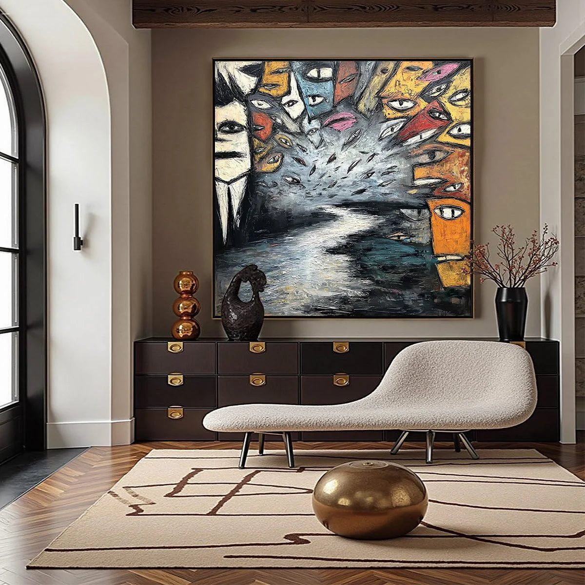 THE GATHERING: Large Square Abstract Figurative Impasto Painting | gold frame stretched on neutral wall