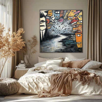 THE GATHERING: Large Square Abstract Figurative Impasto Painting | black frame version on white wall