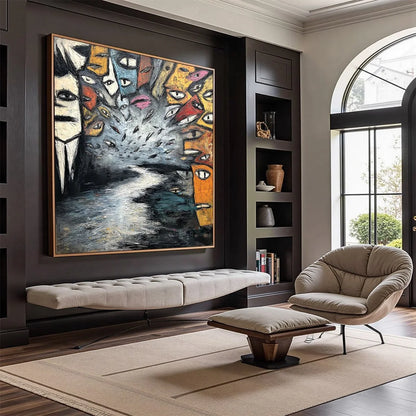 THE GATHERING: Large Square Abstract Figurative Impasto Painting | Figurative mood, soft natural light studio shot