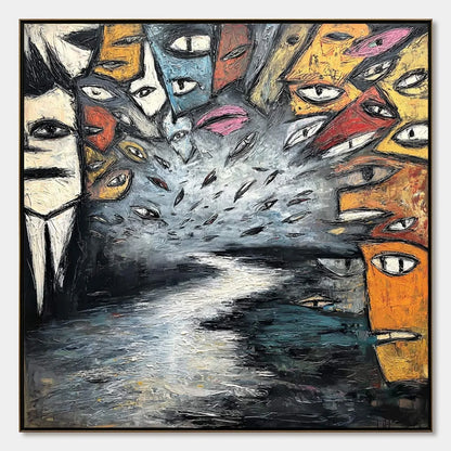THE GATHERING: Large Square Abstract Figurative Impasto Painting | hanging in living room, Figurative wall art