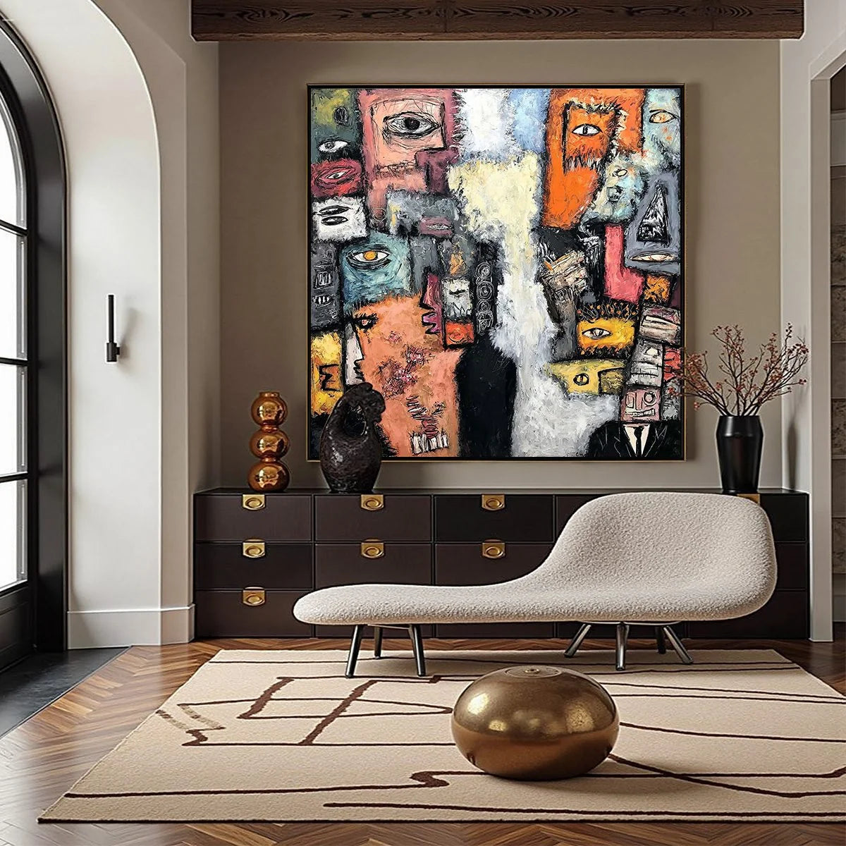 THE WATCHERS: Large Square Abstract Figurative Wall Art | gold frame stretched on neutral wall