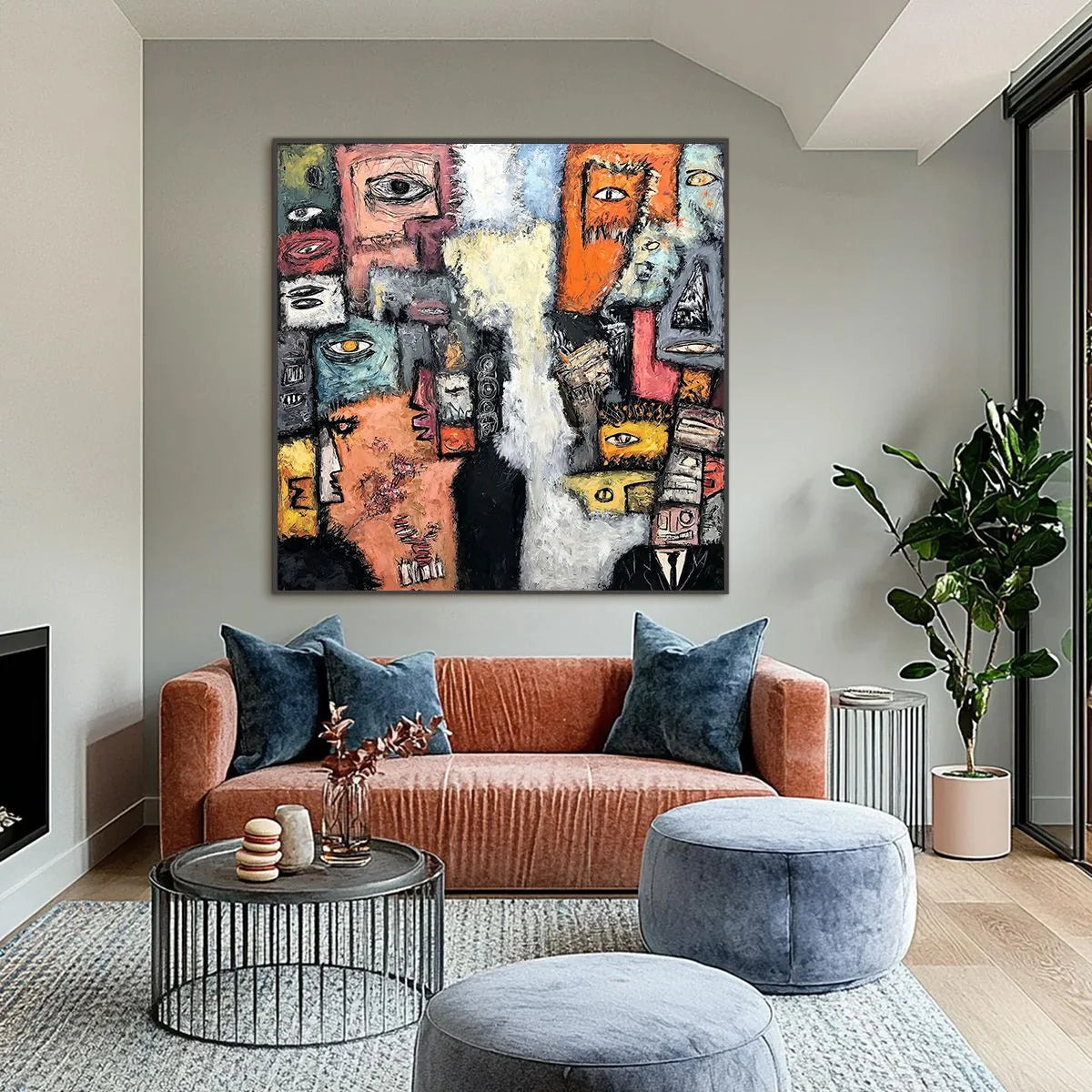 THE WATCHERS: Large Square Abstract Figurative Wall Art | black frame version on white wall