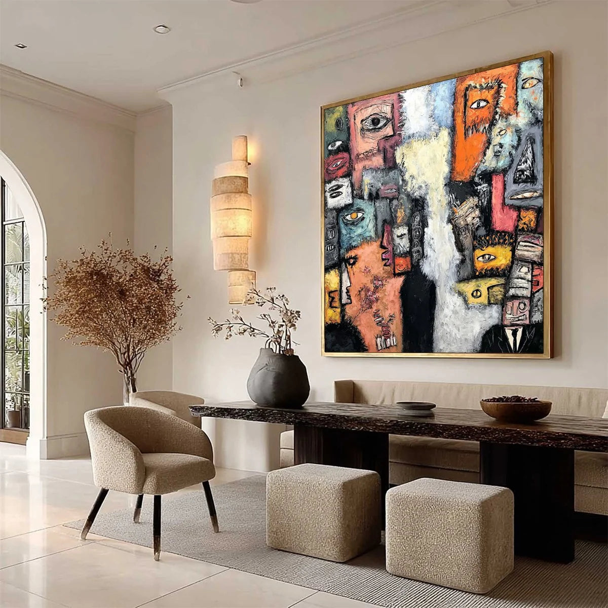 THE WATCHERS: Large Square Abstract Figurative Wall Art | multi-color palette, original oil on stretched canvas art