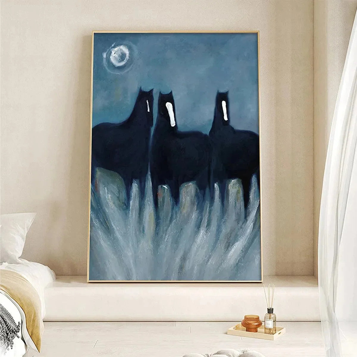 THREE HORSES AT NIGHT: Minimalist Horse Painting, Vertical Wall Art | Minimalist closeup, raised brushwork detail