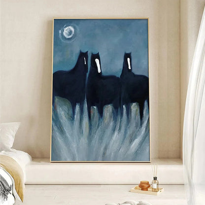 THREE HORSES AT NIGHT: Minimalist Horse Painting, Vertical Wall Art | Minimalist closeup, raised brushwork detail