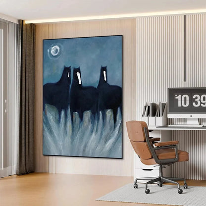 THREE HORSES AT NIGHT: Minimalist Horse Painting, Vertical Wall Art | gold frame stretched on neutral wall