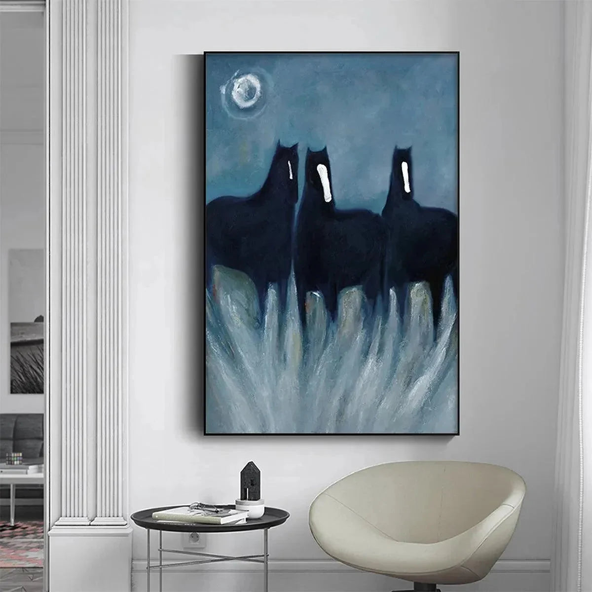 THREE HORSES AT NIGHT: Minimalist Horse Painting, Vertical Wall Art | black frame version on white wall