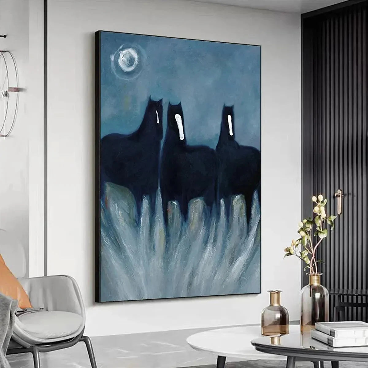 THREE HORSES AT NIGHT: Minimalist Horse Painting, Vertical Wall Art | Minimalist mood, soft natural light studio shot