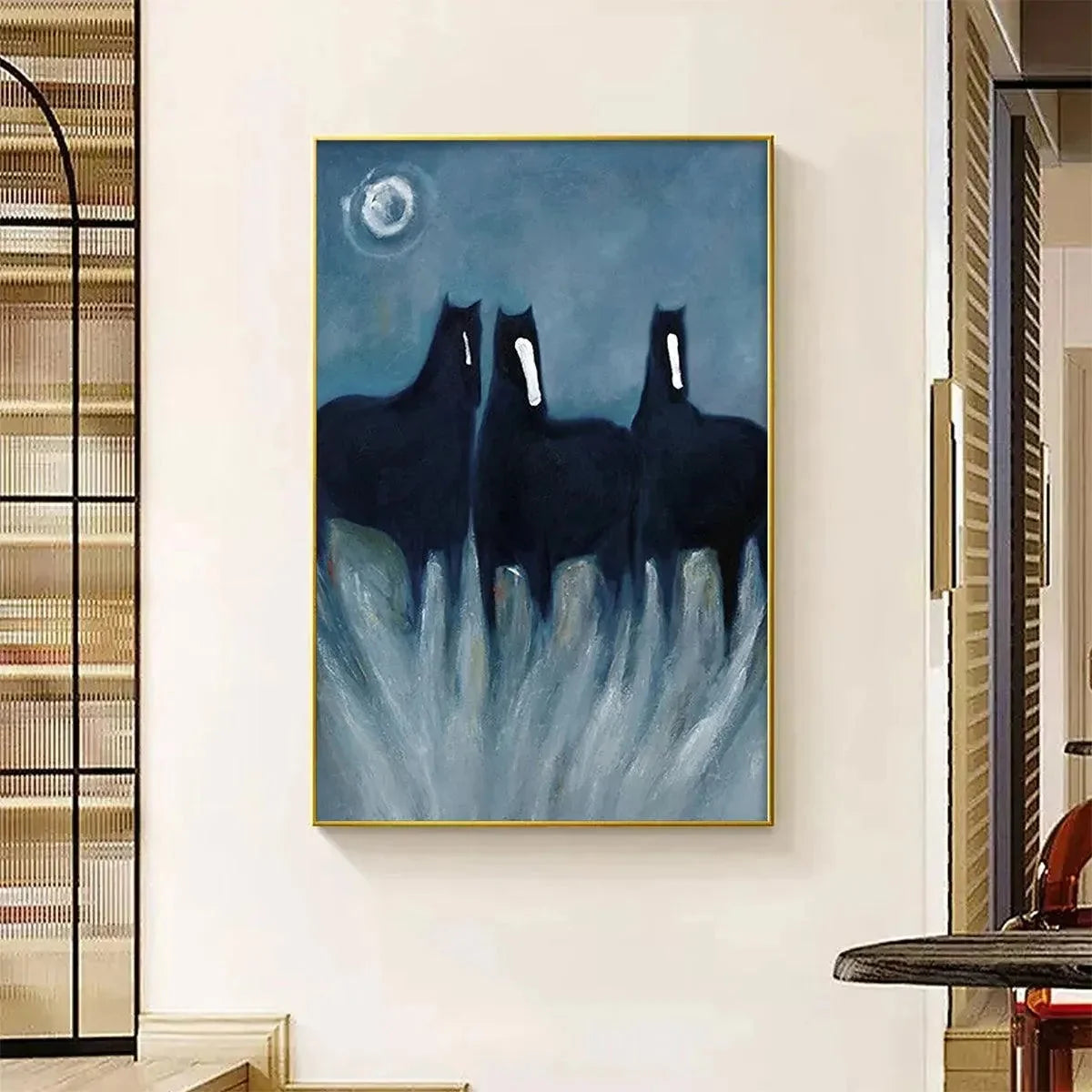 THREE HORSES AT NIGHT: Minimalist Horse Painting, Vertical Wall Art | multi-color palette, original oil on stretched canvas art