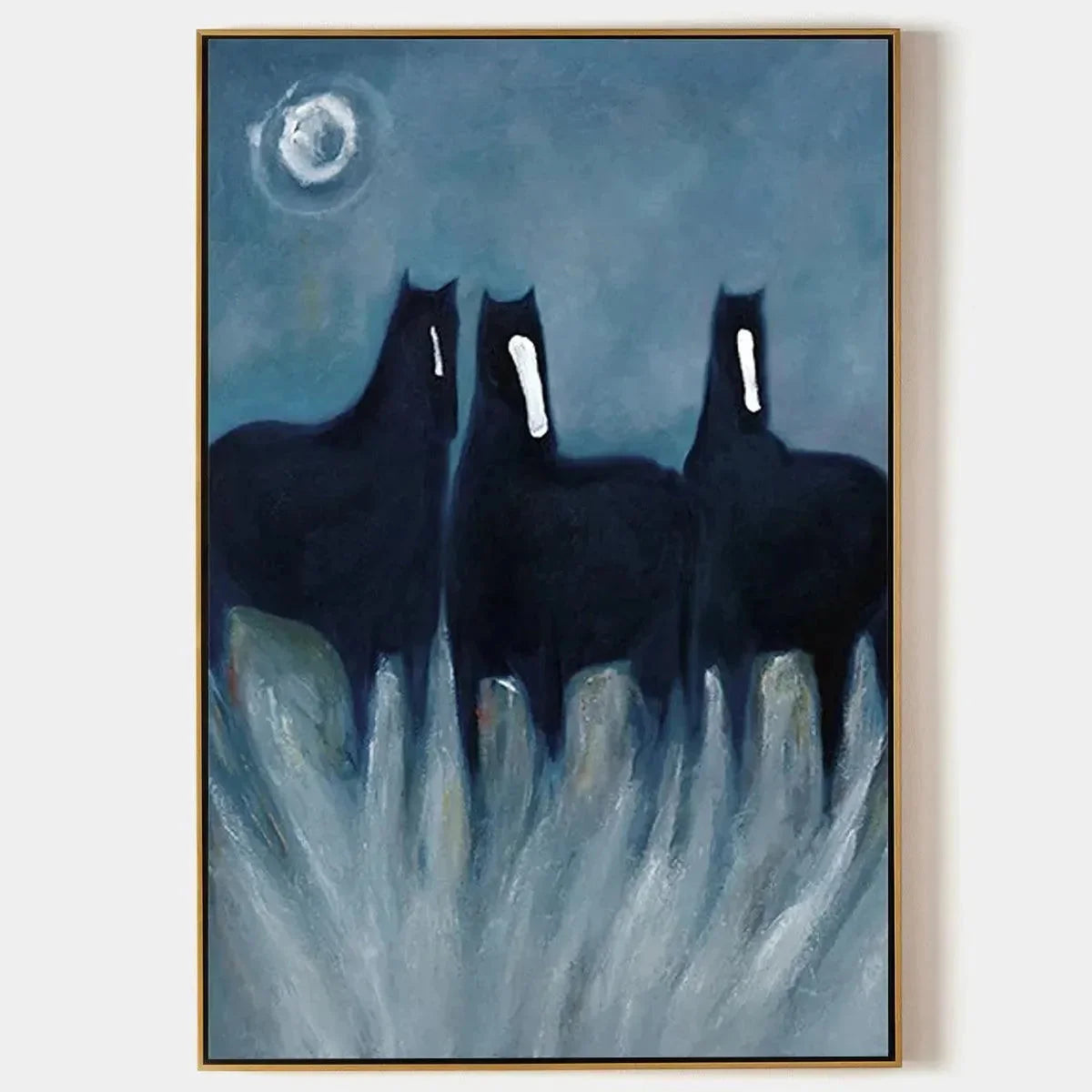 THREE HORSES AT NIGHT: Minimalist Horse Painting, Vertical Wall Art | hanging in living room, Minimalist wall art