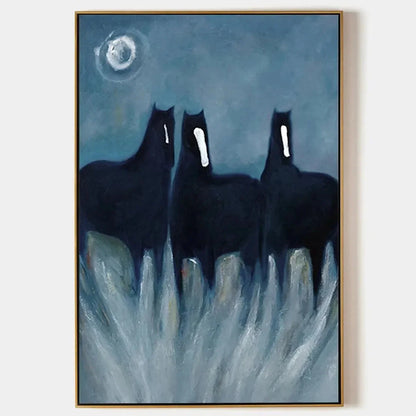 THREE HORSES AT NIGHT: Minimalist Horse Painting, Vertical Wall Art | hanging in living room, Minimalist wall art