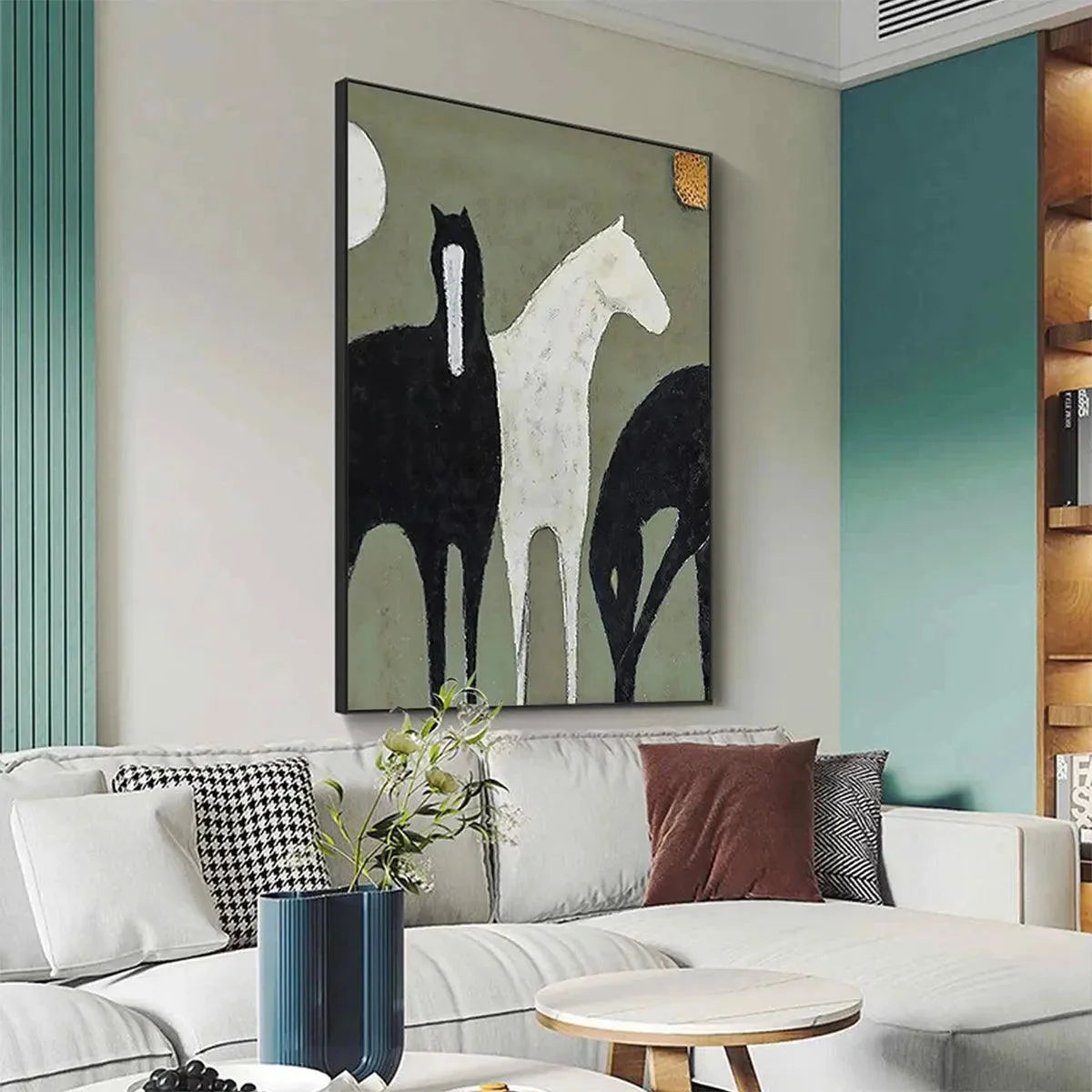 THREE HORSES: Minimalist Horse Painting, Vertical Wall Art | gold frame stretched on neutral wall