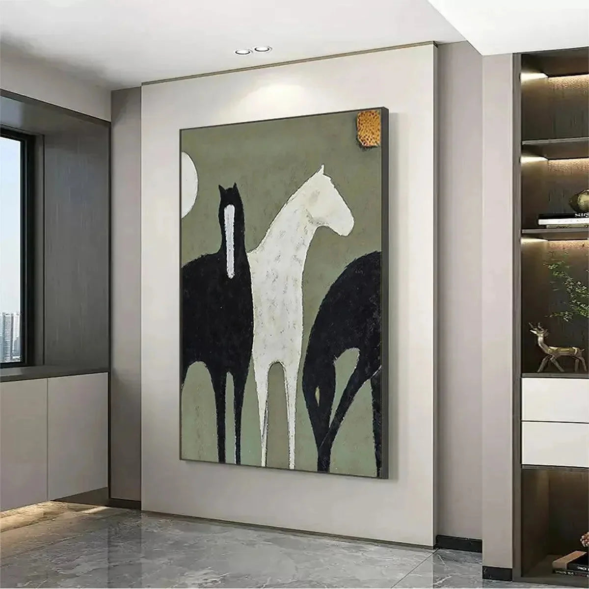 THREE HORSES: Minimalist Horse Painting, Vertical Wall Art | rolled canvas, ready for custom framing