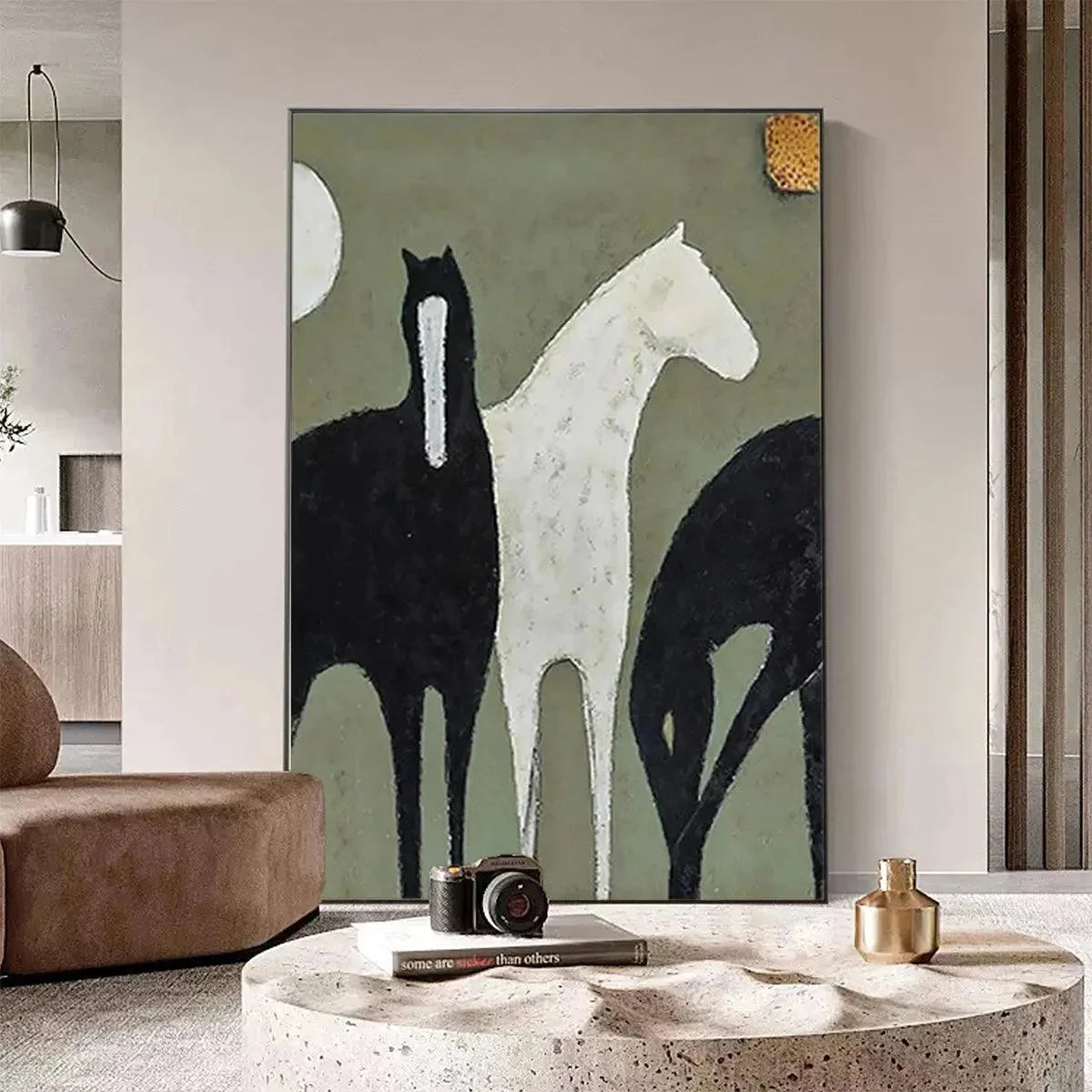 THREE HORSES: Minimalist Horse Painting, Vertical Wall Art | multi-color palette, original oil on stretched canvas art