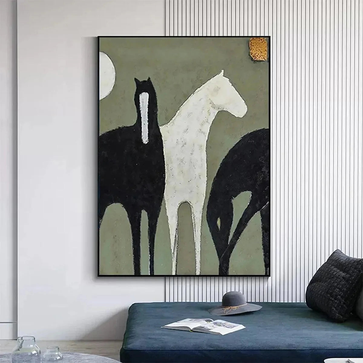 THREE HORSES: Minimalist Horse Painting, Vertical Wall Art | texture detail, palette knife marks visible