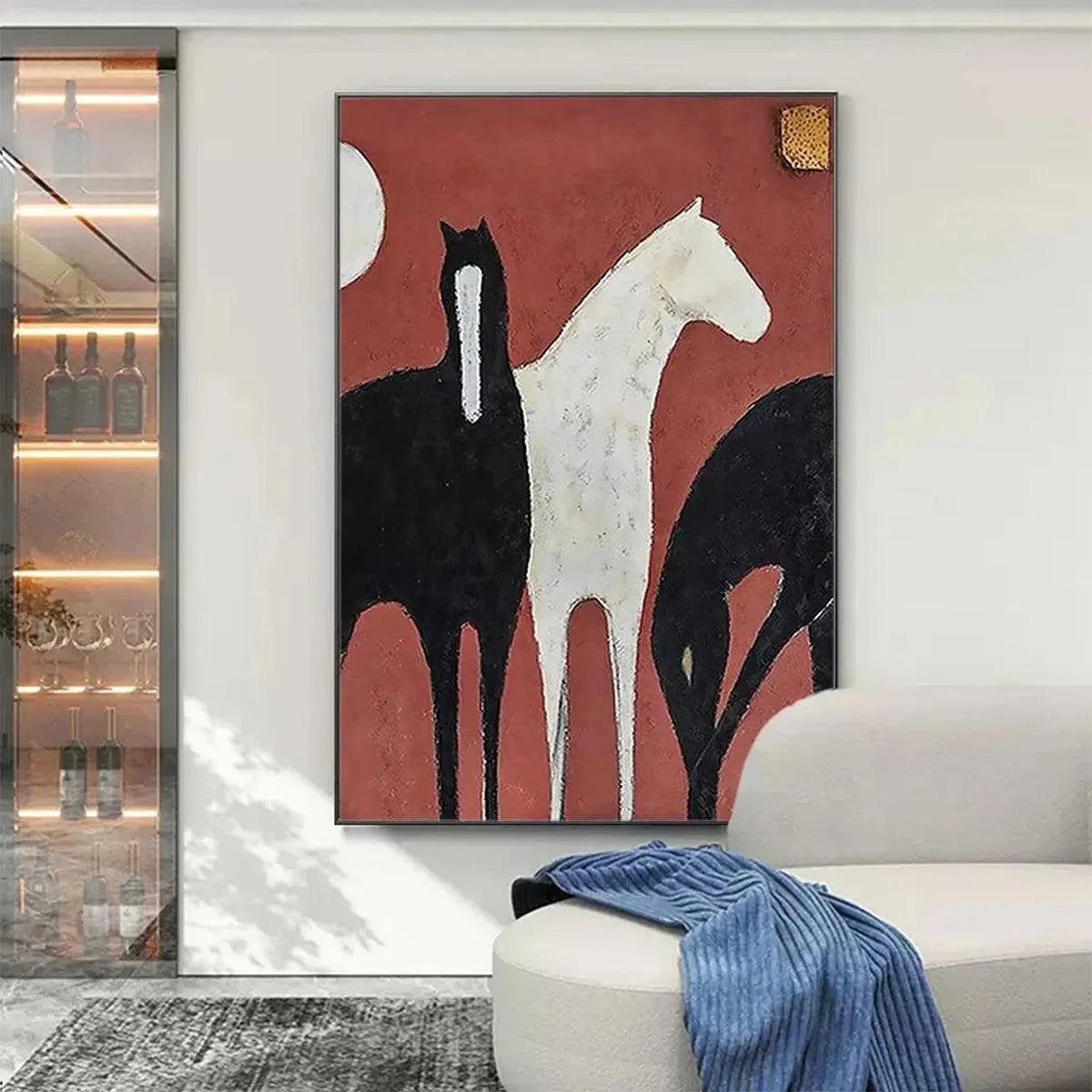 THREE HORSES ON RED: Minimalist Horse Painting, Vertical Wall Art | Minimalist closeup, raised brushwork detail