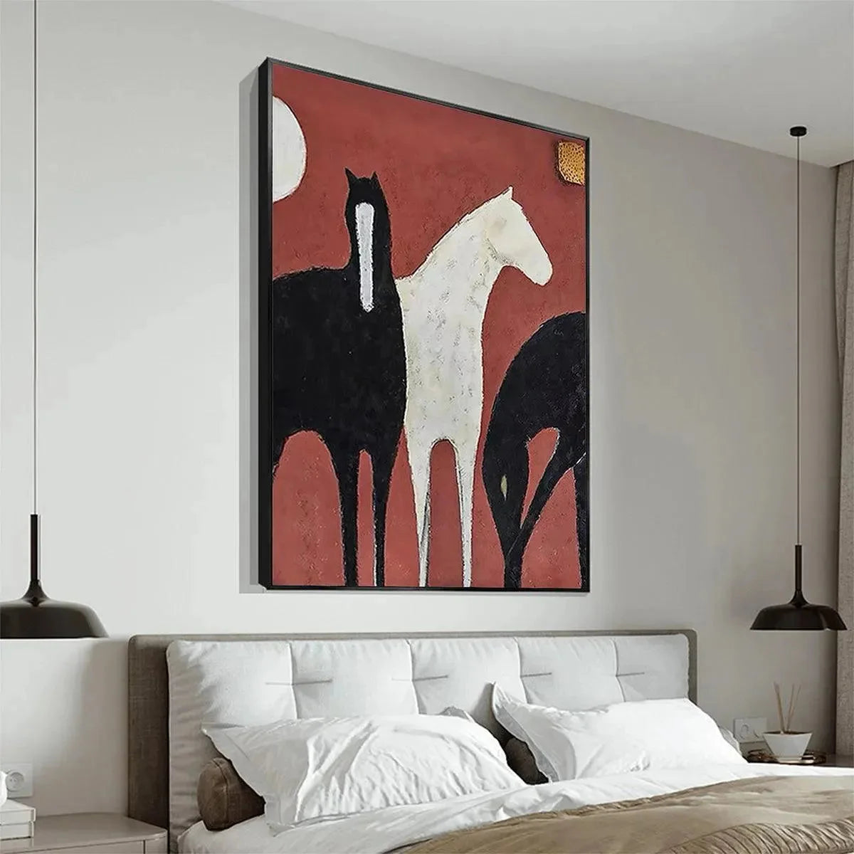 THREE HORSES ON RED: Minimalist Horse Painting, Vertical Wall Art | gold frame stretched on neutral wall
