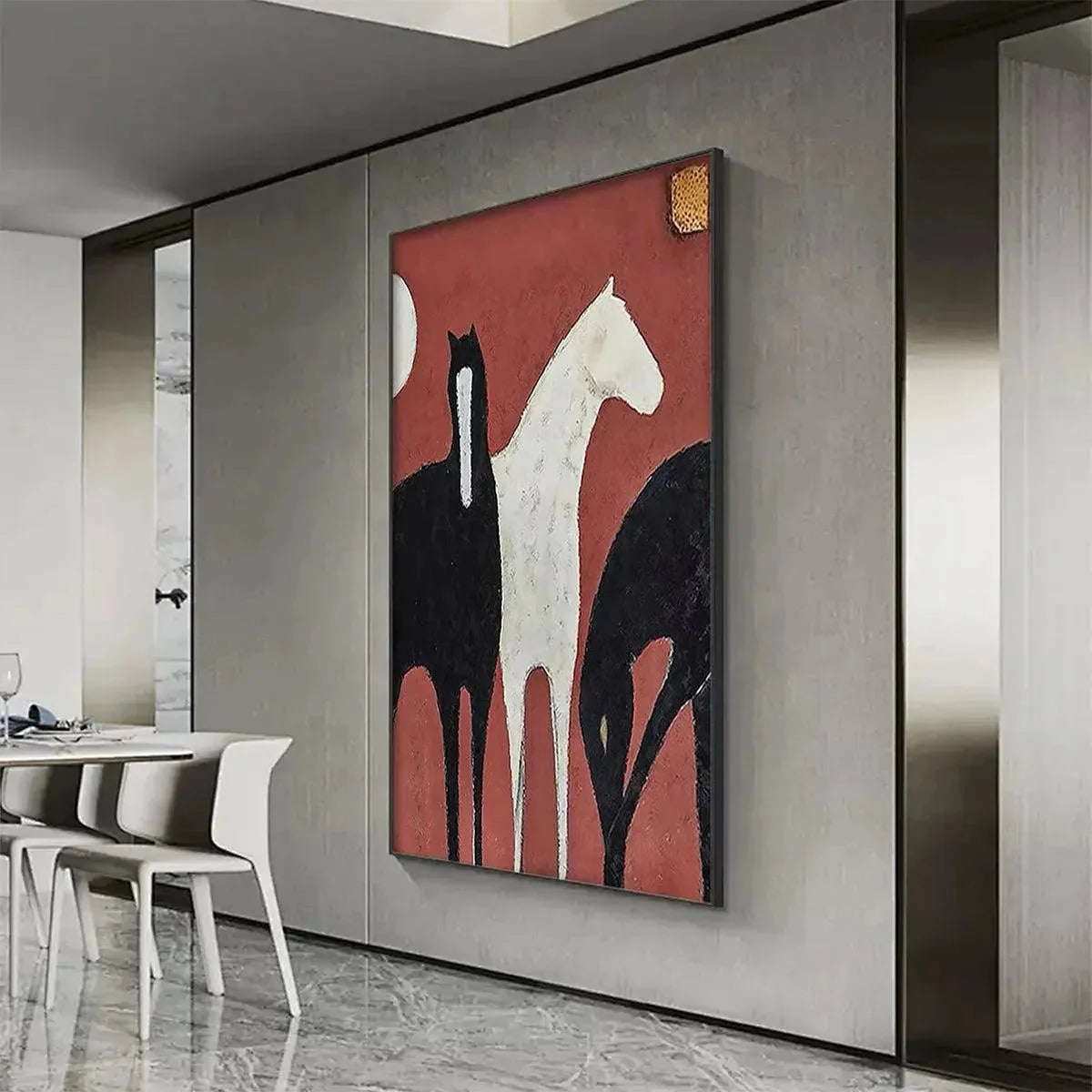 THREE HORSES ON RED: Minimalist Horse Painting, Vertical Wall Art | rolled canvas, ready for custom framing