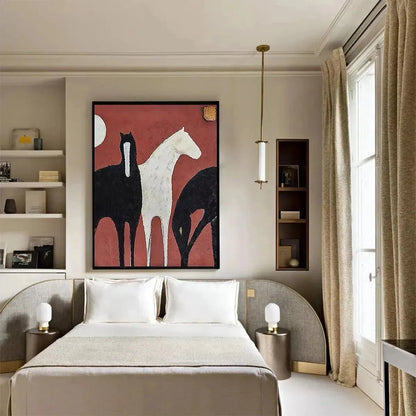 THREE HORSES ON RED: Minimalist Horse Painting, Vertical Wall Art | black frame version on white wall