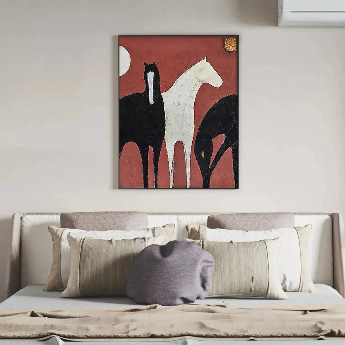 THREE HORSES ON RED: Minimalist Horse Painting, Vertical Wall Art | Minimalist mood, soft natural light studio shot