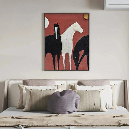 THREE HORSES ON RED: Minimalist Horse Painting, Vertical Wall Art | Minimalist mood, soft natural light studio shot