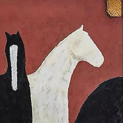 THREE HORSES ON RED: Minimalist Horse Painting, Vertical Wall Art | multi-color palette, original oil on stretched canvas art