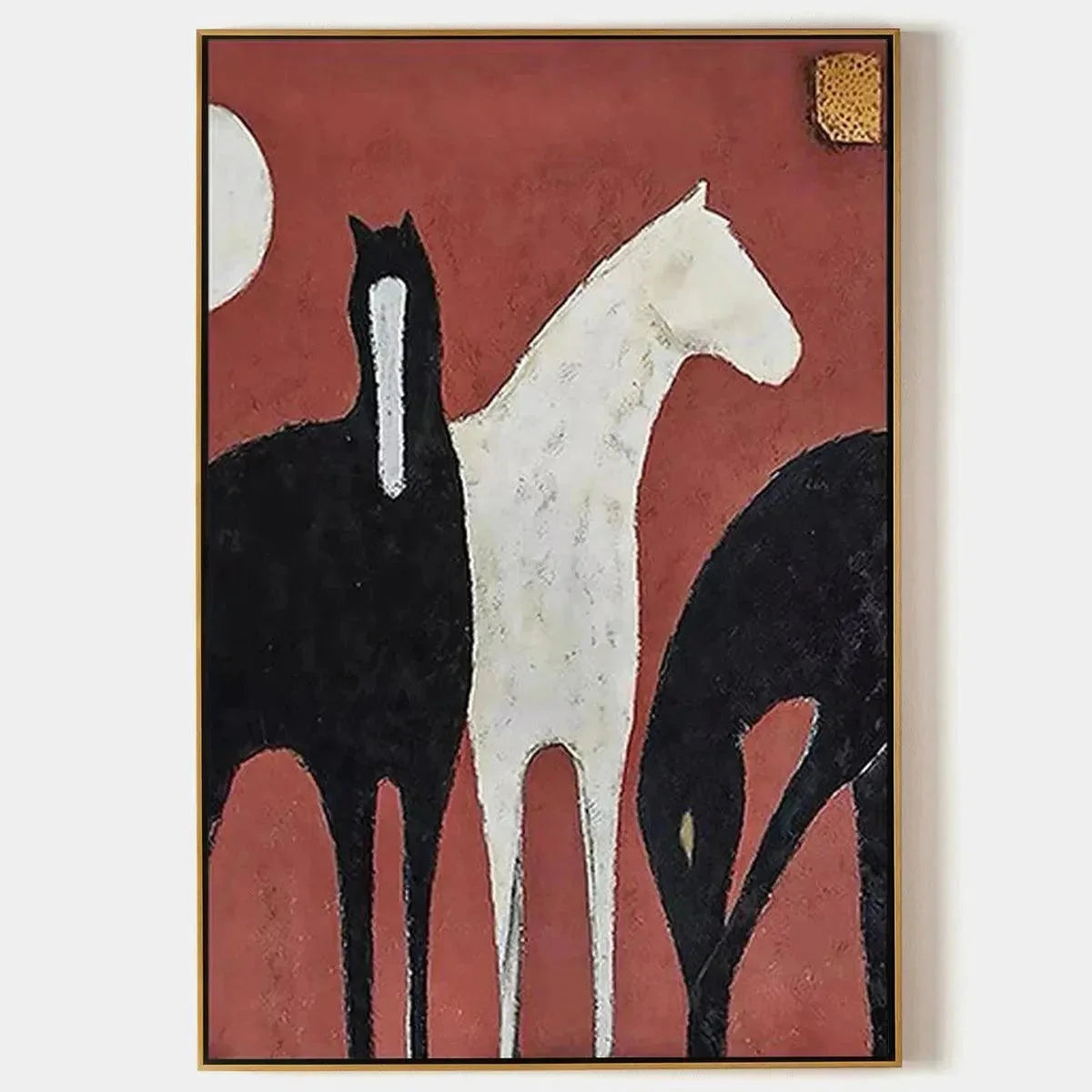 THREE HORSES ON RED: Minimalist Horse Painting, Vertical Wall Art | hanging in living room, Minimalist wall art