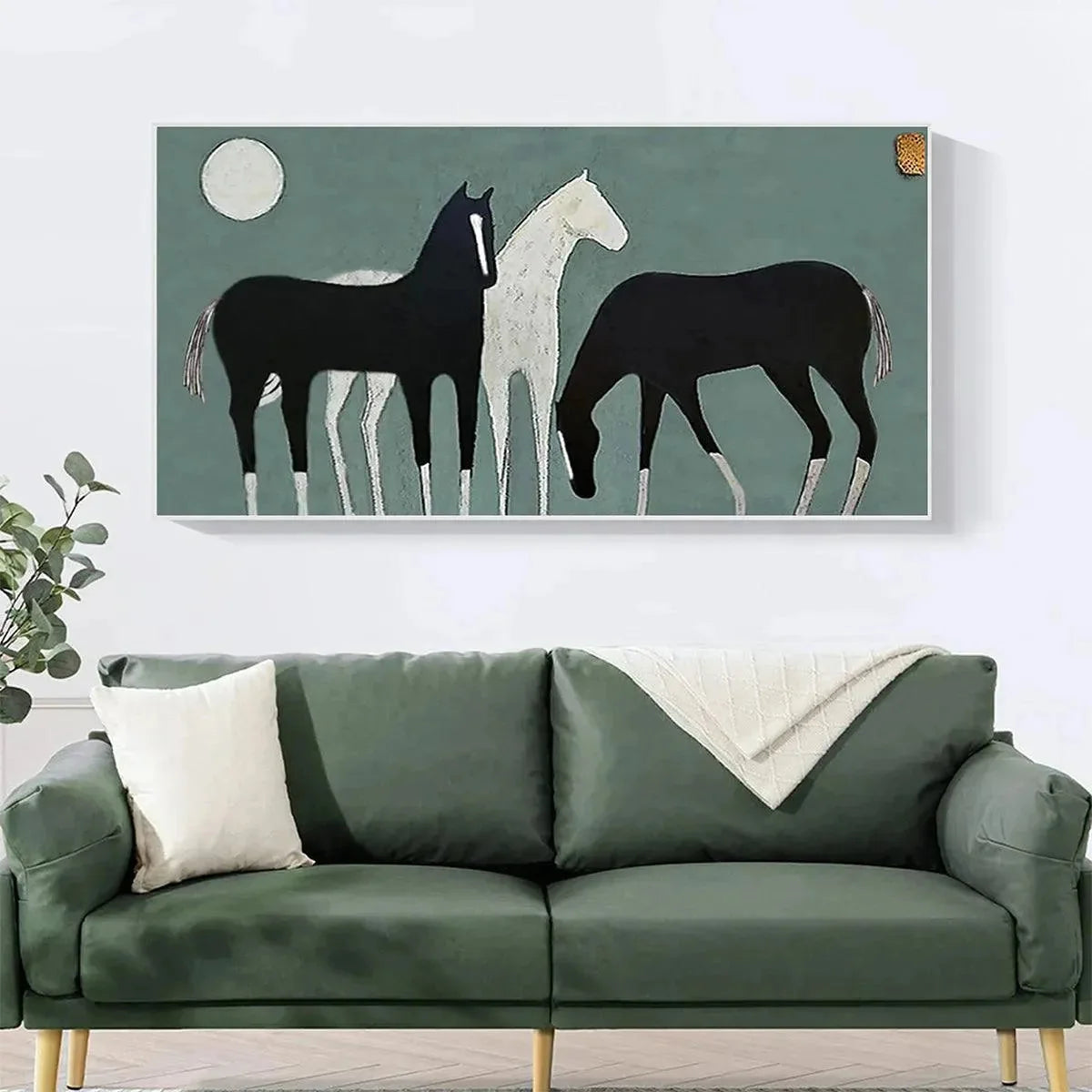 THREE HORSES UNDER THE MOON: Minimalist Horse Painting, Panoramic Wall Art | Minimalist closeup, raised brushwork detail