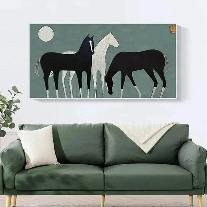THREE HORSES UNDER THE MOON: Minimalist Horse Painting, Panoramic Wall Art | Minimalist closeup, raised brushwork detail