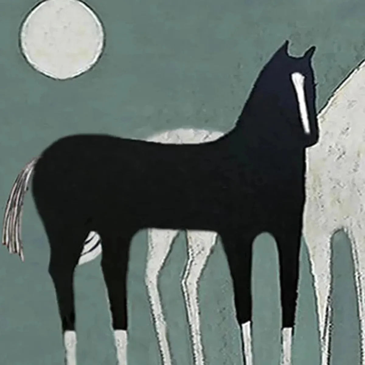 THREE HORSES UNDER THE MOON: Minimalist Horse Painting, Panoramic Wall Art | rectangular format, hand-painted canvas edge