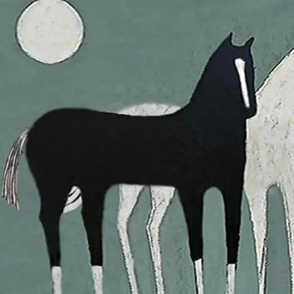 THREE HORSES UNDER THE MOON: Minimalist Horse Painting, Panoramic Wall Art | rectangular format, hand-painted canvas edge