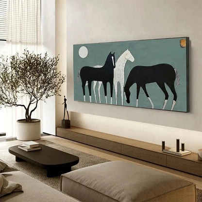 THREE HORSES UNDER THE MOON: Minimalist Horse Painting, Panoramic Wall Art | gold frame stretched on neutral wall