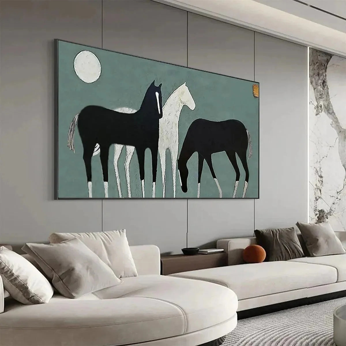 THREE HORSES UNDER THE MOON: Minimalist Horse Painting, Panoramic Wall Art | black frame version on white wall