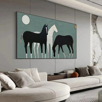 THREE HORSES UNDER THE MOON: Minimalist Horse Painting, Panoramic Wall Art | black frame version on white wall