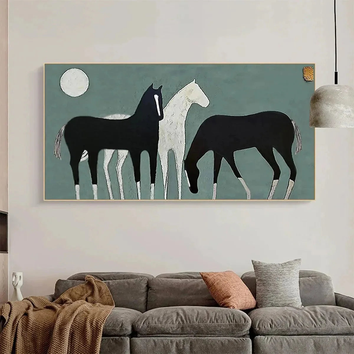 THREE HORSES UNDER THE MOON: Minimalist Horse Painting, Panoramic Wall Art | Minimalist mood, soft natural light studio shot