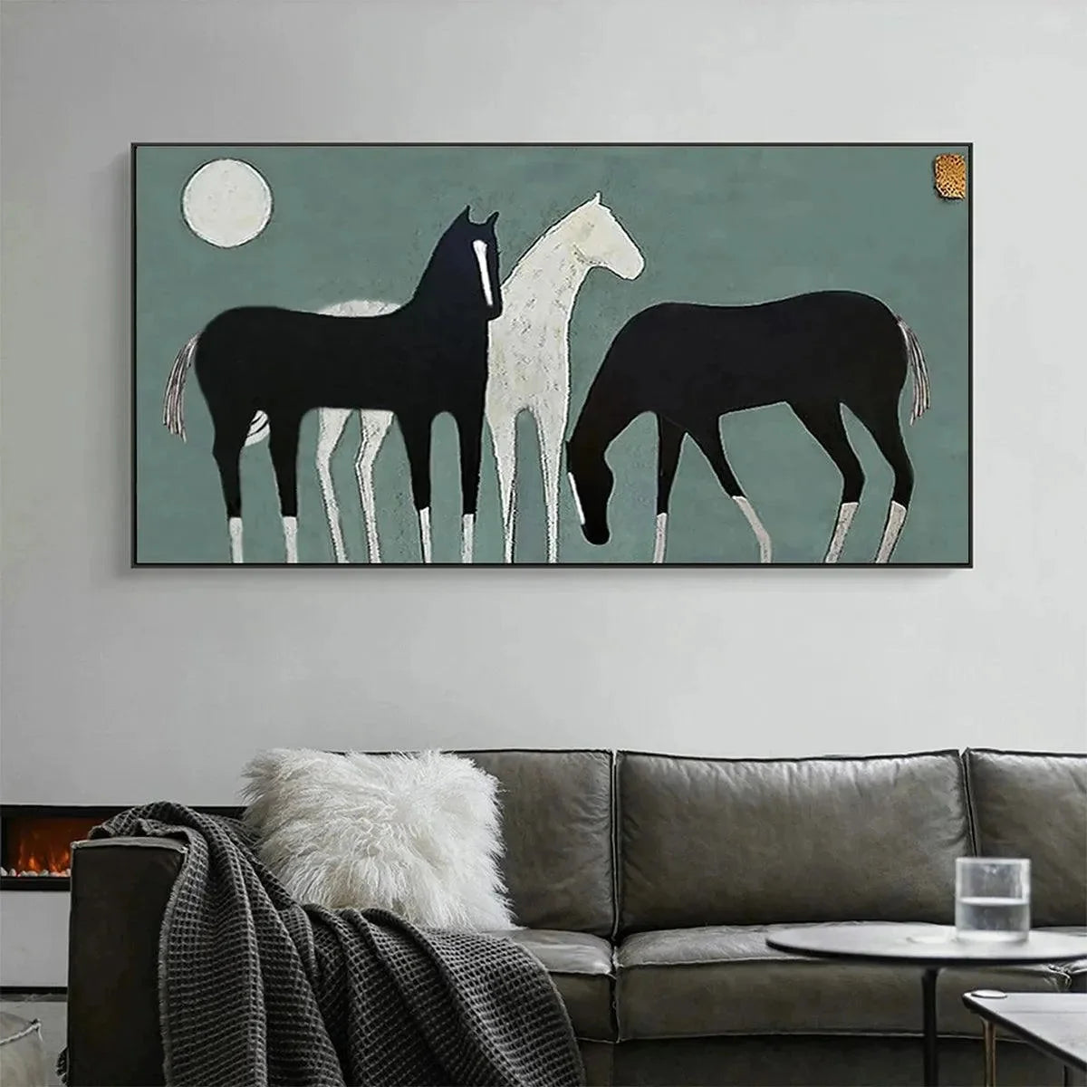 THREE HORSES UNDER THE MOON: Minimalist Horse Painting, Panoramic Wall Art | multi-color palette, original oil on stretched canvas art
